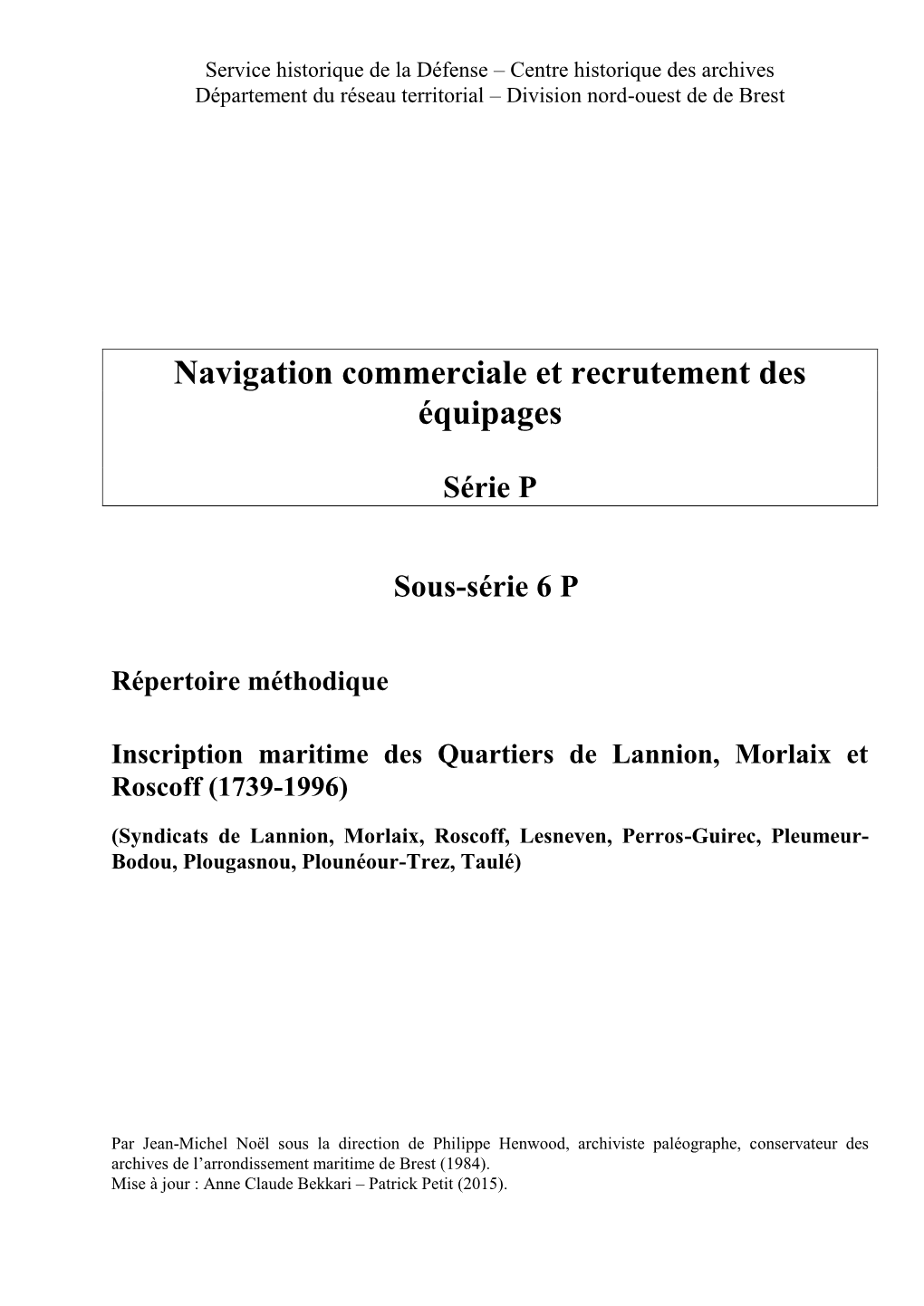 Navigation Commerciale Et Recrutement Des Équipages Série P