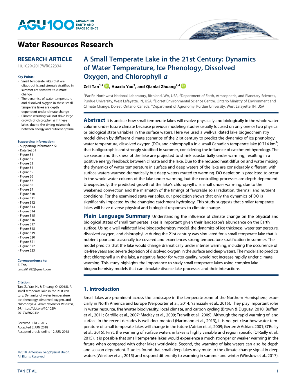 A Small Temperate Lake in the 21St Century: Dynamics of Water