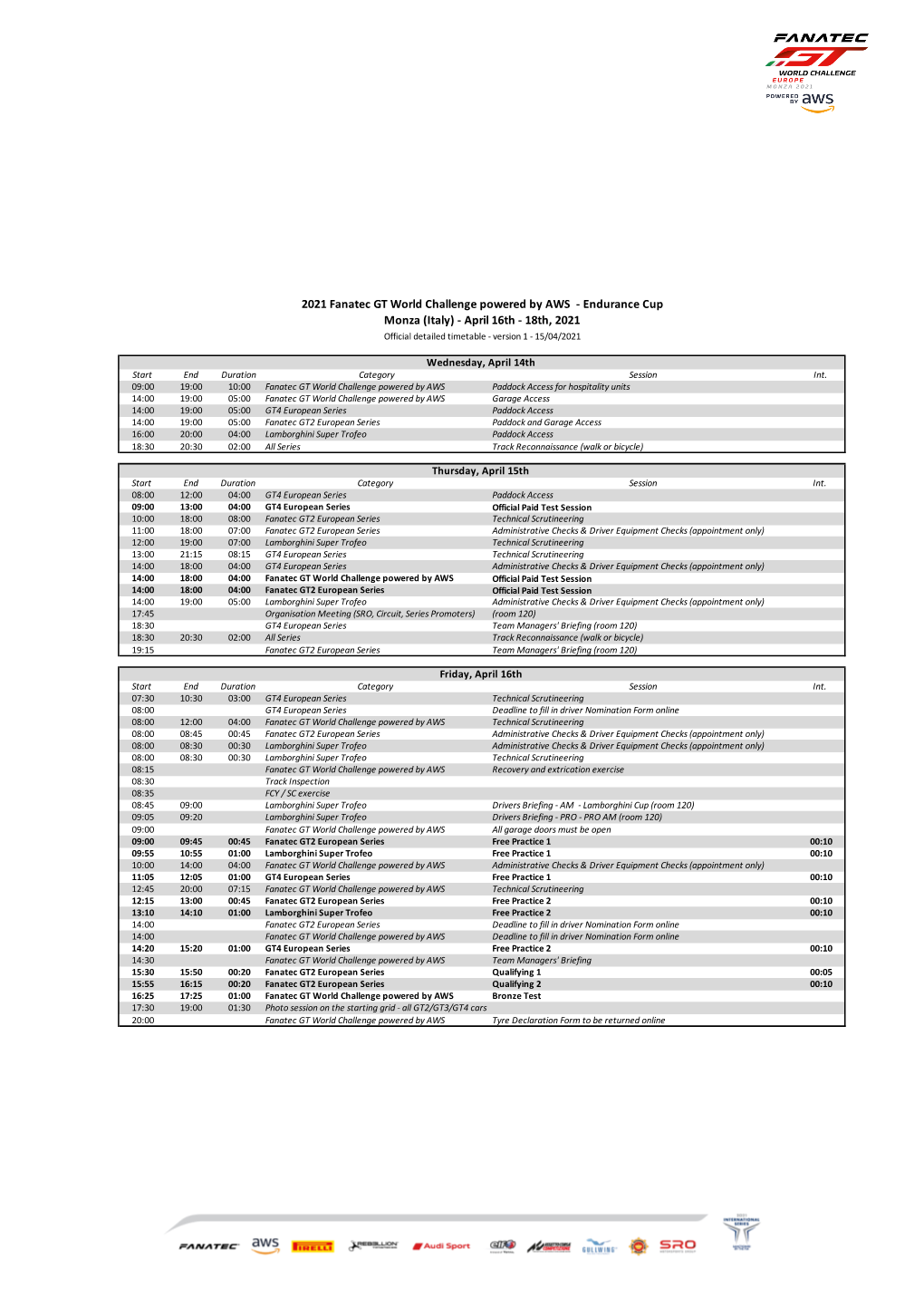 2021 Fanatec GT World Challenge Powered by AWS - Endurance Cup Monza (Italy) - April 16Th - 18Th, 2021 Official Detailed Timetable - Version 1 - 15/04/2021