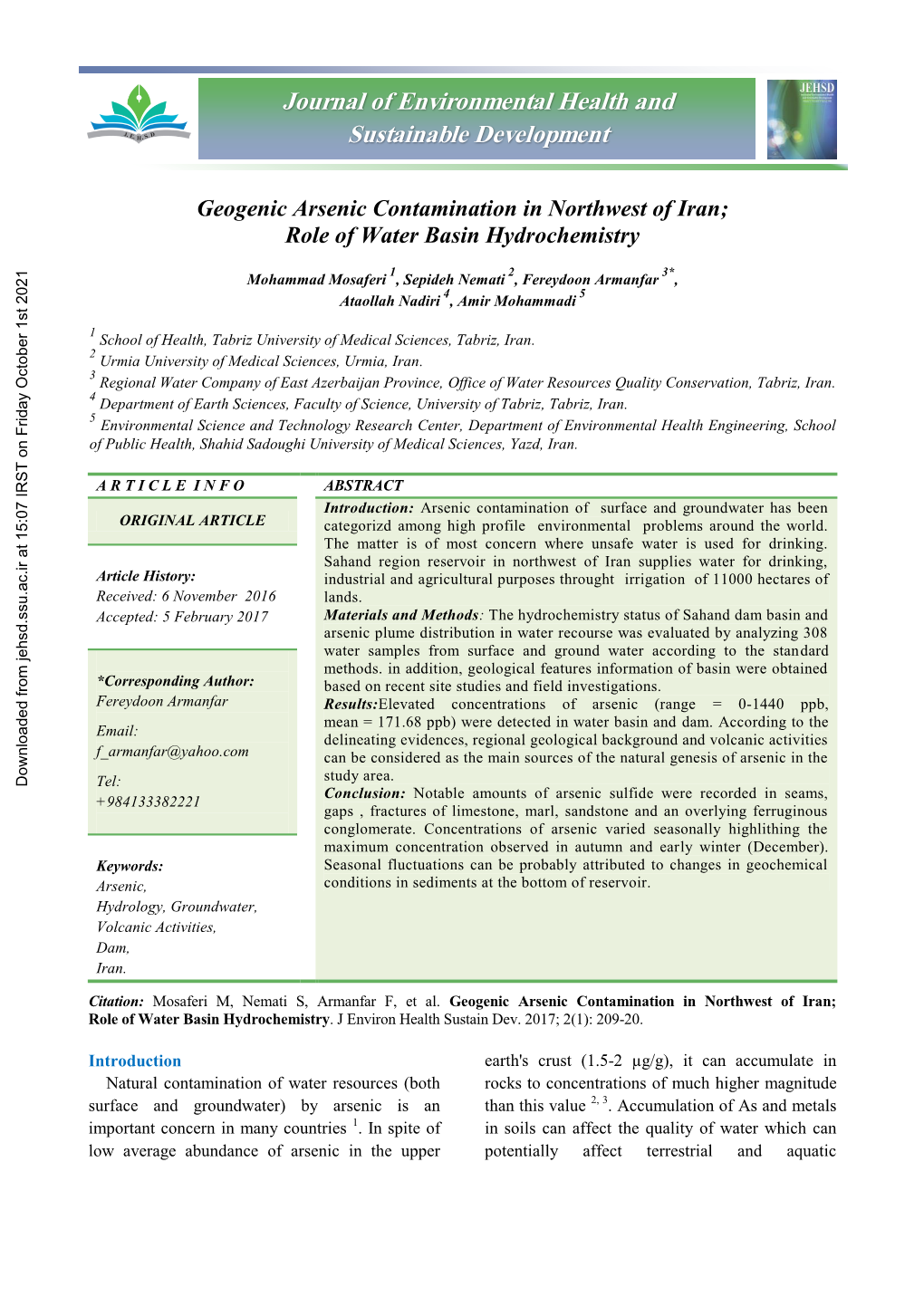 Geogenic Arsenic Contamination in Northwest of Iran; Role of Water Basin Hydrochemistry