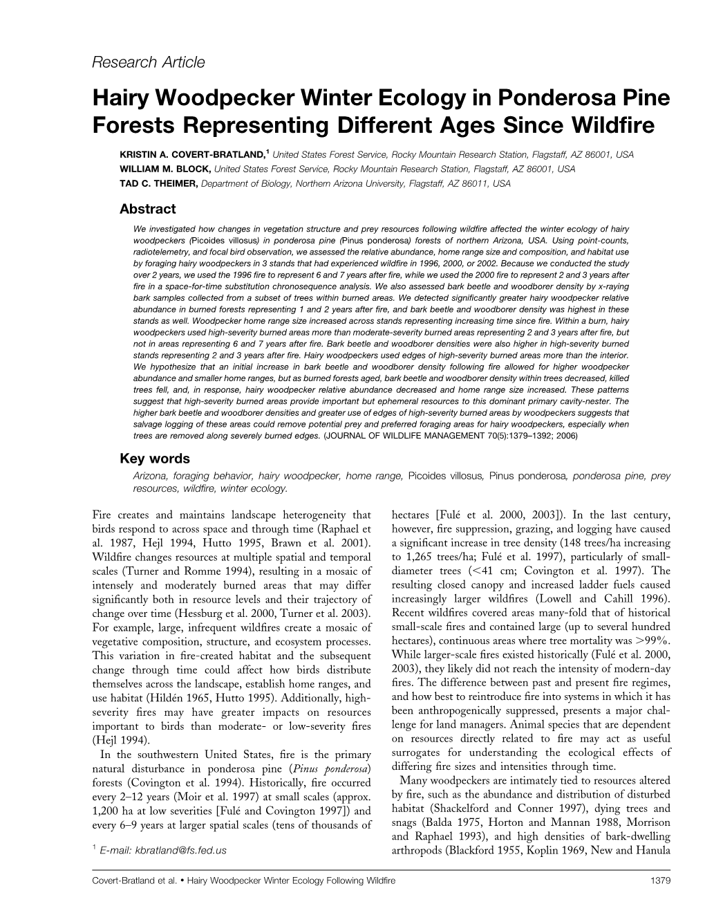 Hairy Woodpecker Winter Ecology in Ponderosa Pine Forests Representing Different Ages Since Wildfire