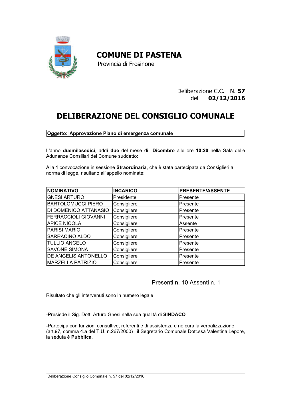 Comune Di Pastena Deliberazione Del Consiglio