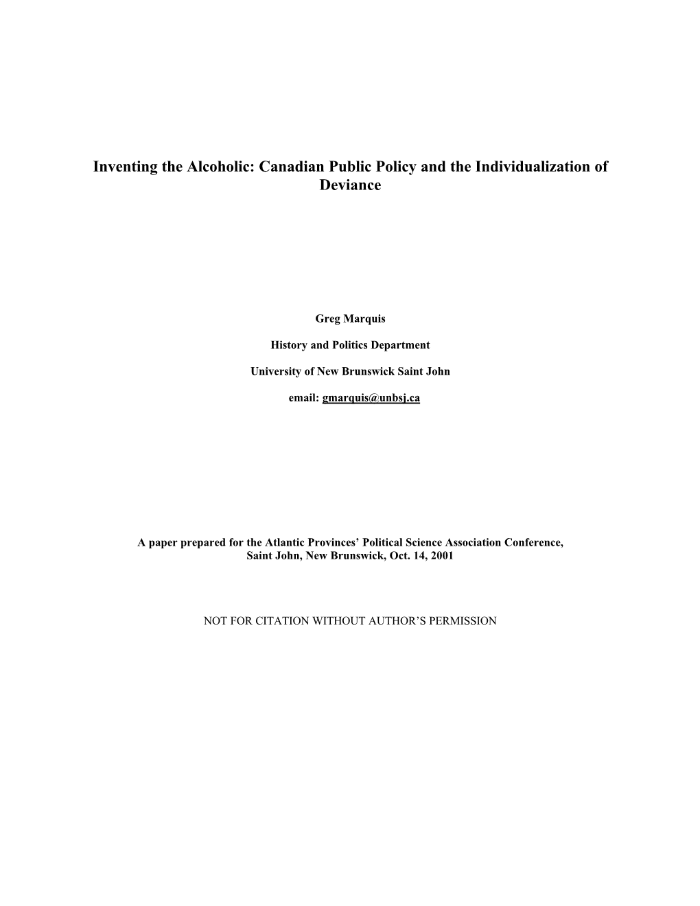 Inventing the Alcoholic: Canadian Public Policy and the Individualization of Deviance