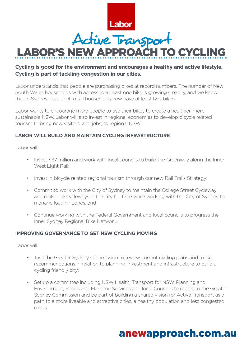 Active Transport LABOR’S NEW APPROACH to CYCLING