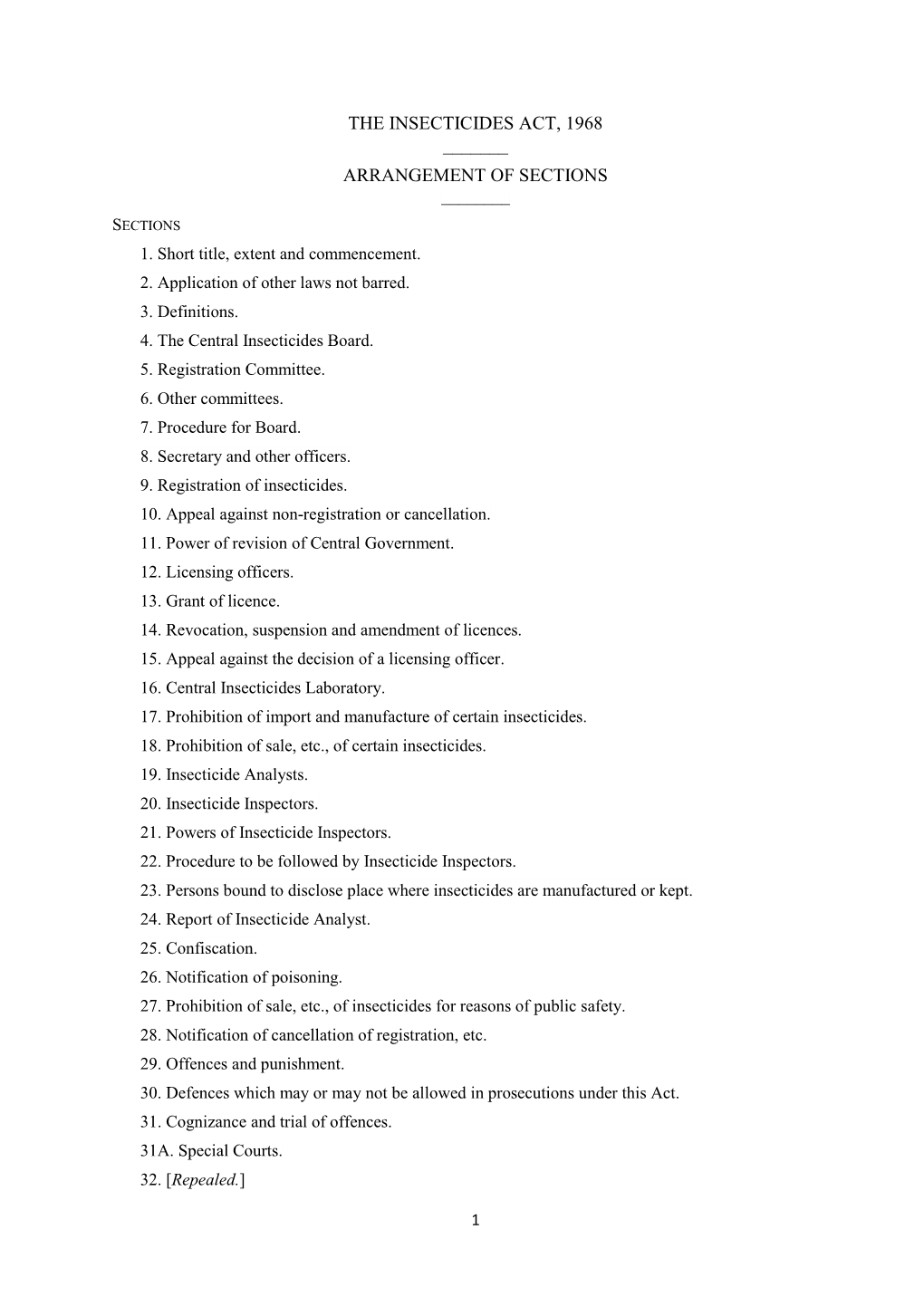 The Insecticides Act, 1968 ______Arrangement of Sections ______Sections 1