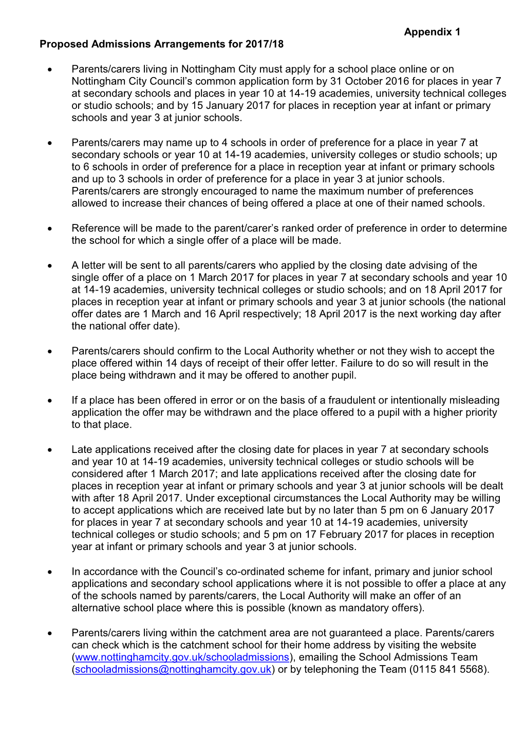 Appendices for PROPOSED ADMISSION ARRANGEMENTS