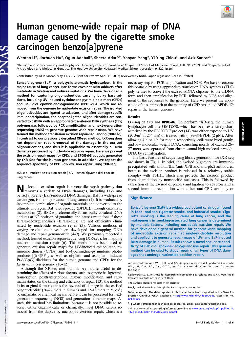 Human Genome-Wide Repair Map of DNA Damage Caused by the Cigarette Smoke Carcinogen Benzo[A]Pyrene