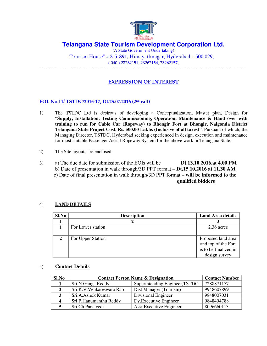 EOI Bhongir Ropeway 2Nd Call