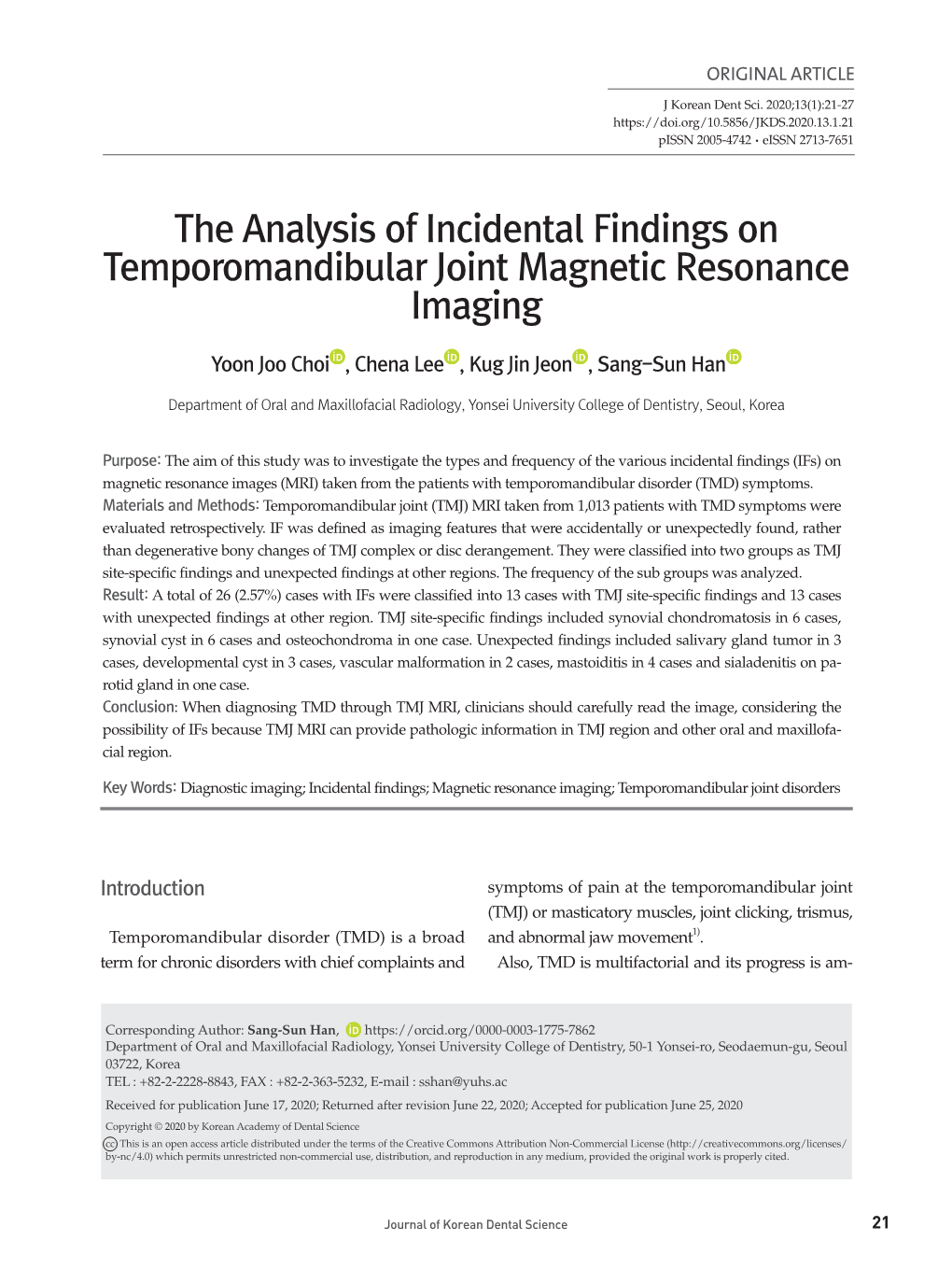 The Analysis of Incidental Findings on Temporomandibular Joint Magnetic Resonance Imaging