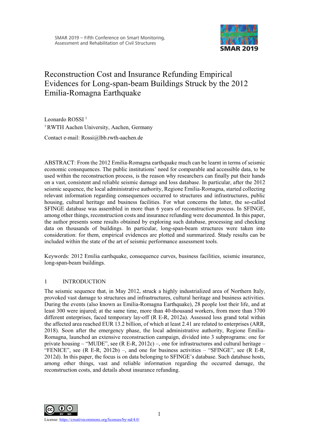 Reconstruction Cost and Insurance Refunding Empirical Evidences for Long-Span-Beam Buildings Struck by the 2012 Emilia-Romagna Earthquake