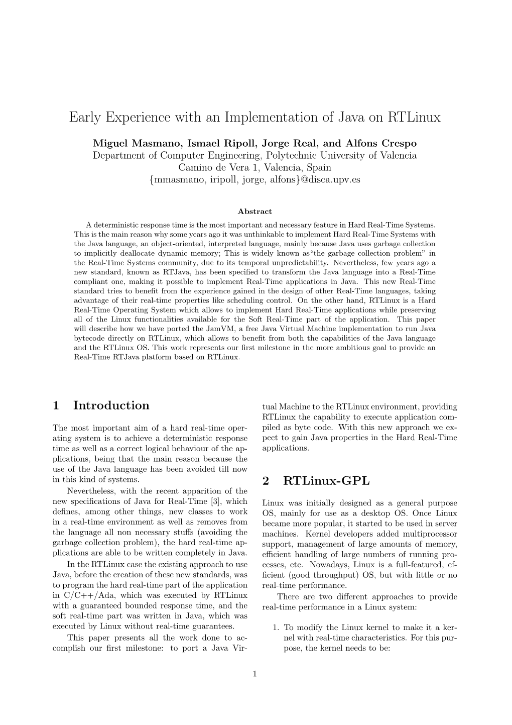 Early Experience with an Implementation of Java on Rtlinux