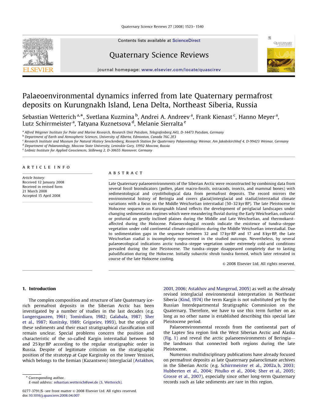 Palaeoenvironmental Dynamics Inferred from Late Quaternary Permafrost Deposits on Kurungnakh Island, Lena Delta, Northeast Siberia, Russia