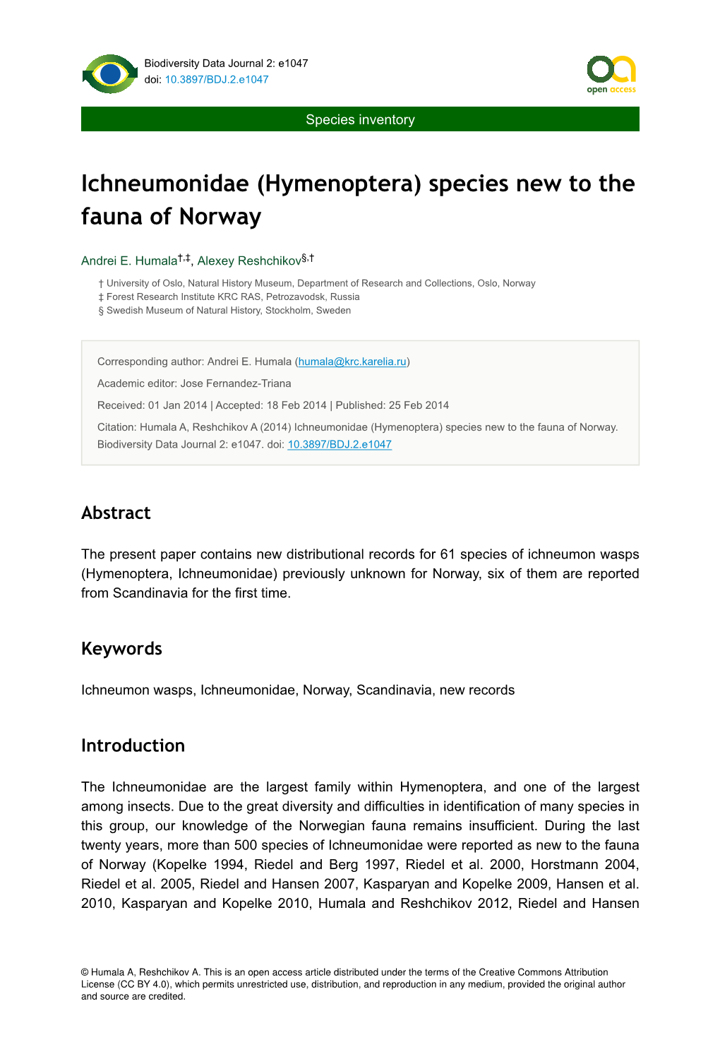 Ichneumonidae (Hymenoptera) Species New to the Fauna of Norway