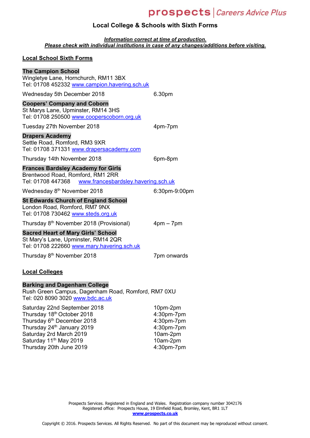 Local College & Schools with Sixth Forms