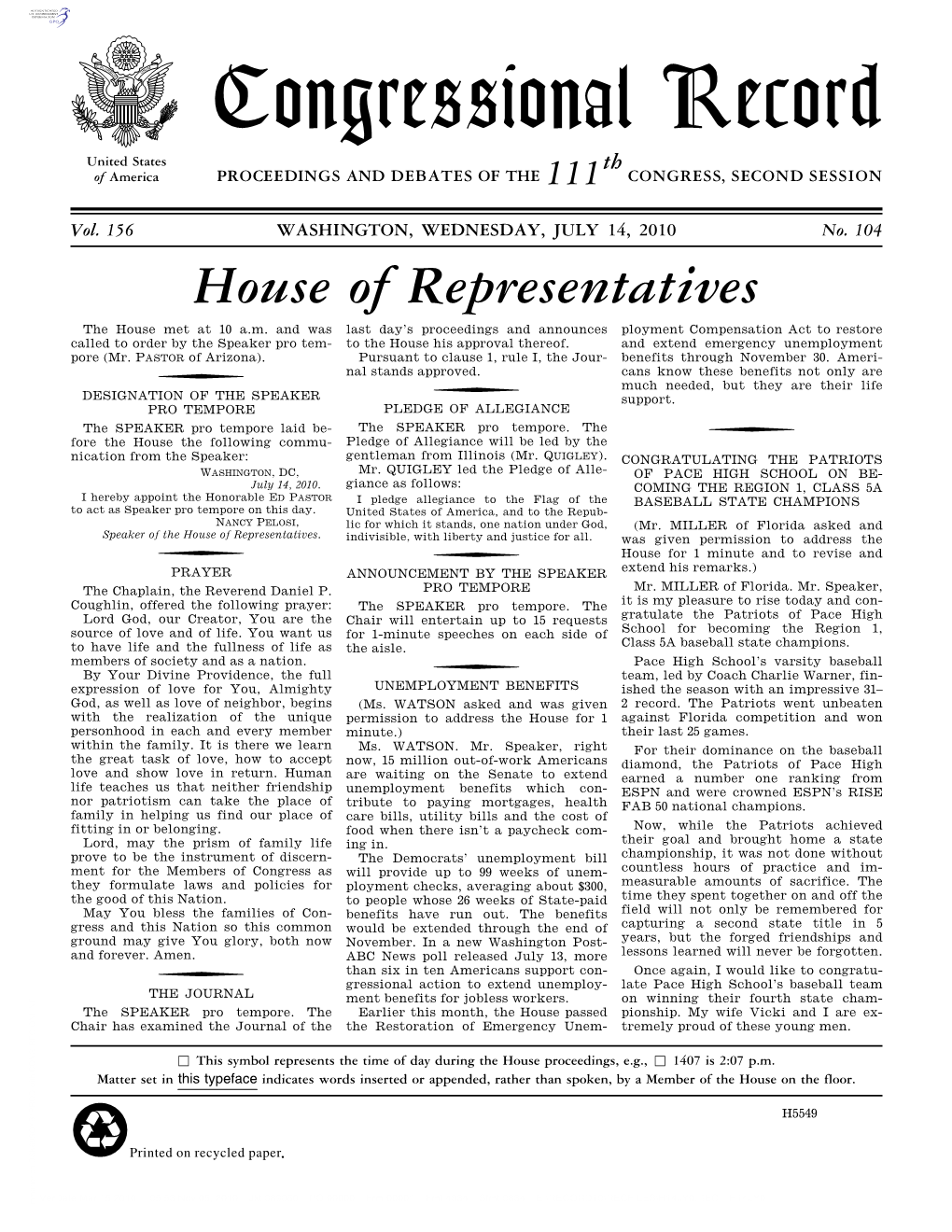 Congressional Record United States Th of America PROCEEDINGS and DEBATES of the 111 CONGRESS, SECOND SESSION