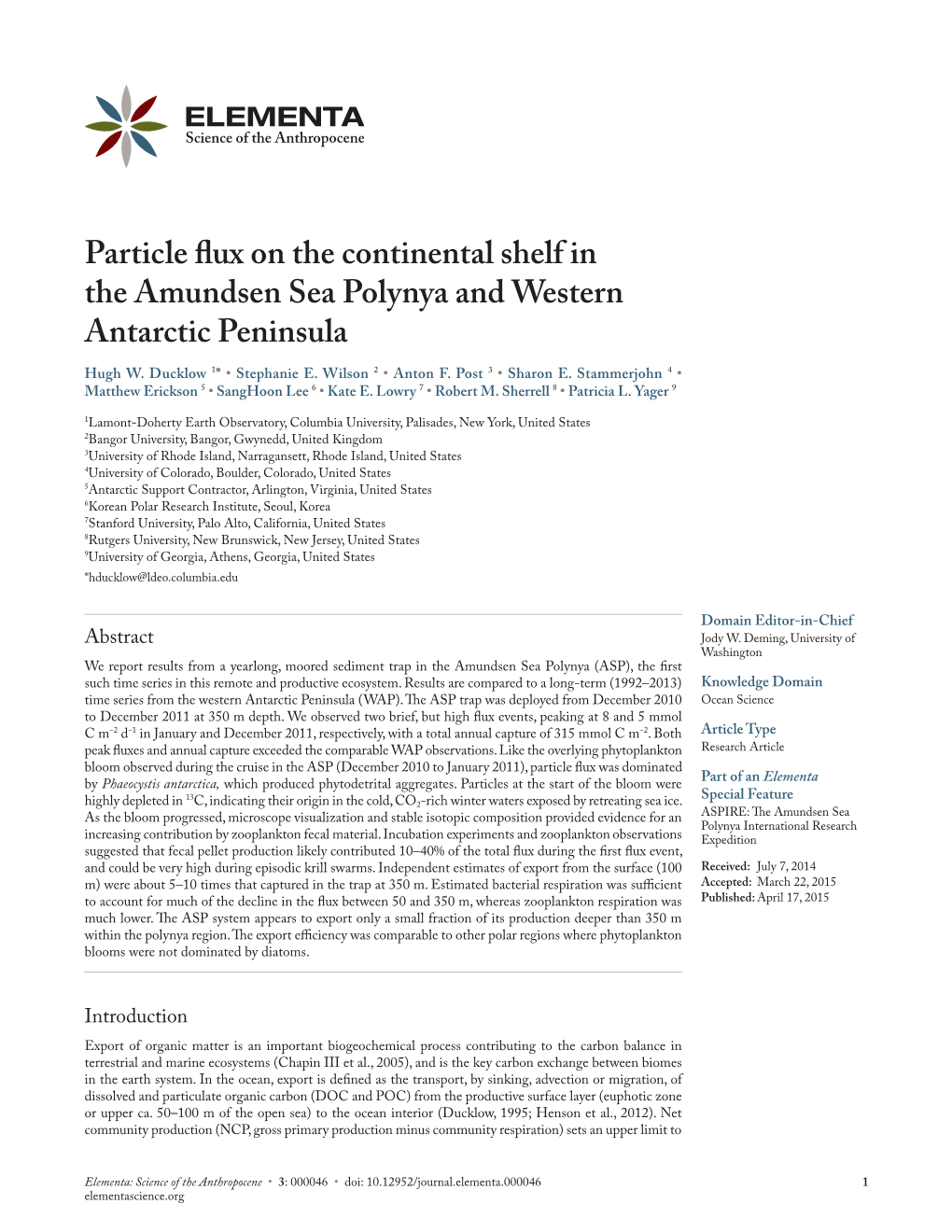 Particle Flux on the Continental Shelf in the Amundsen Sea Polynya and Western Antarctic Peninsula Hugh W