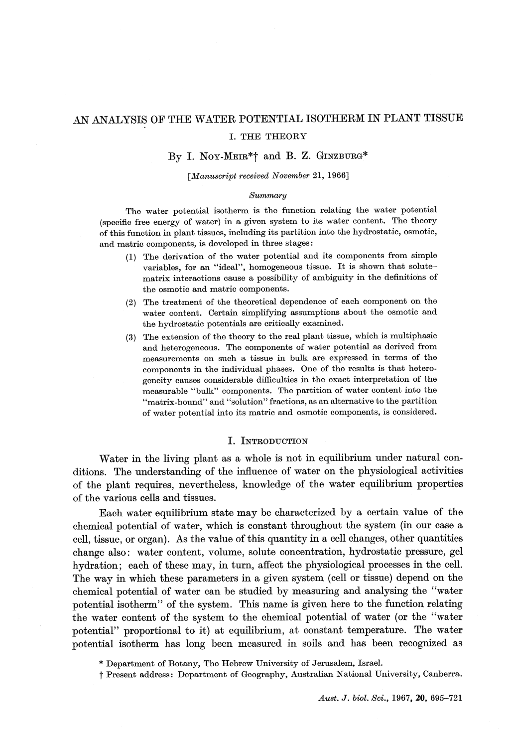 An Analysis of the Water Potential Isotherm in Plant Tissue 1