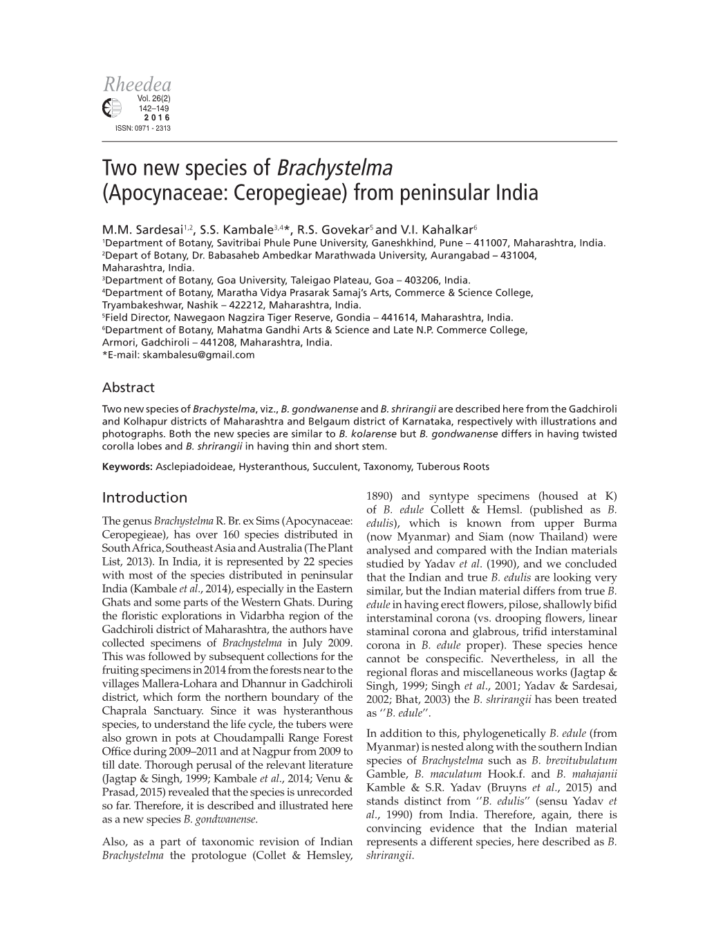 Two New Species of Brachystelma (Apocynaceae: Ceropegieae) from Peninsular India