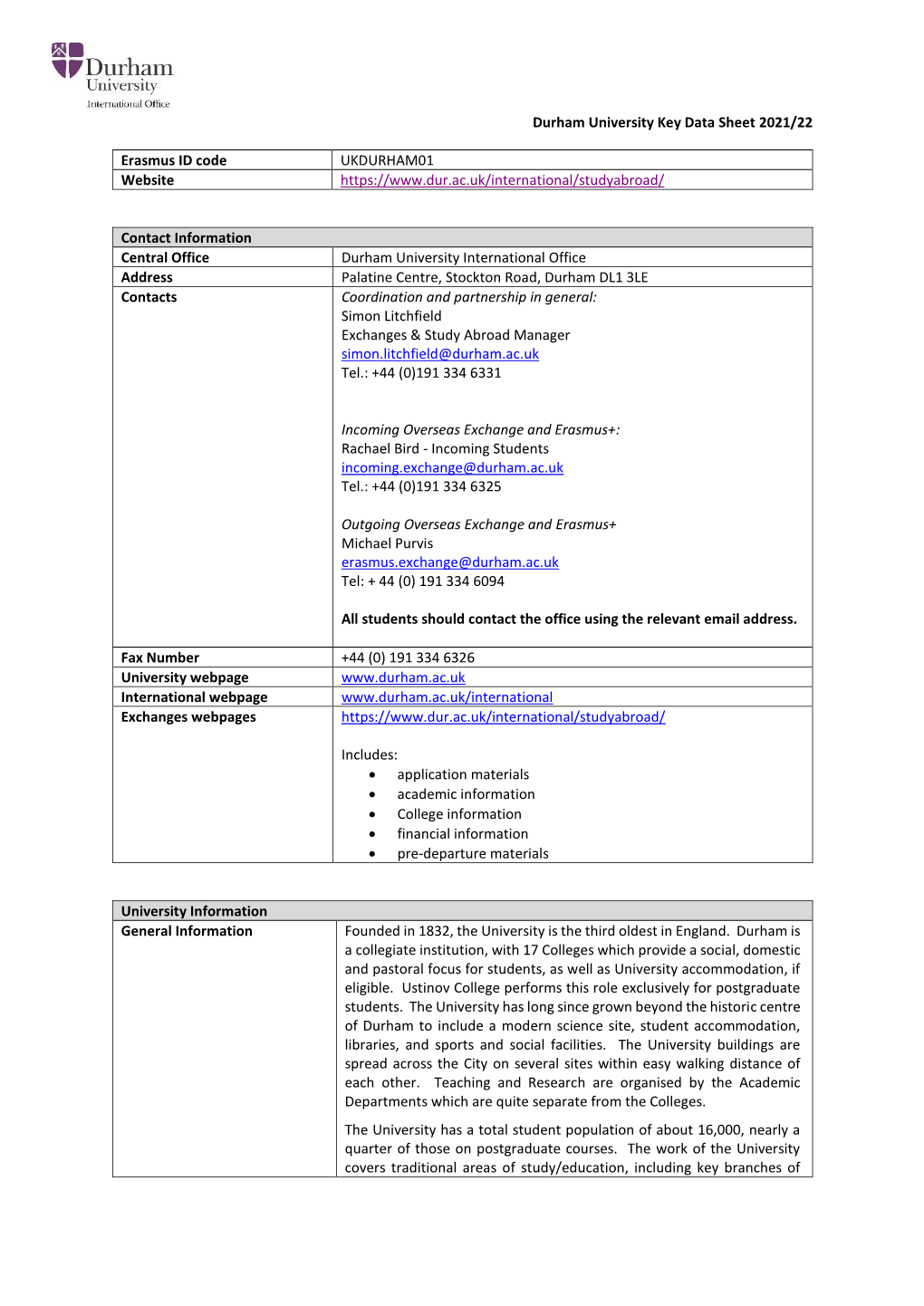 Durham University Key Data Sheet 2021/22 Erasmus ID Code