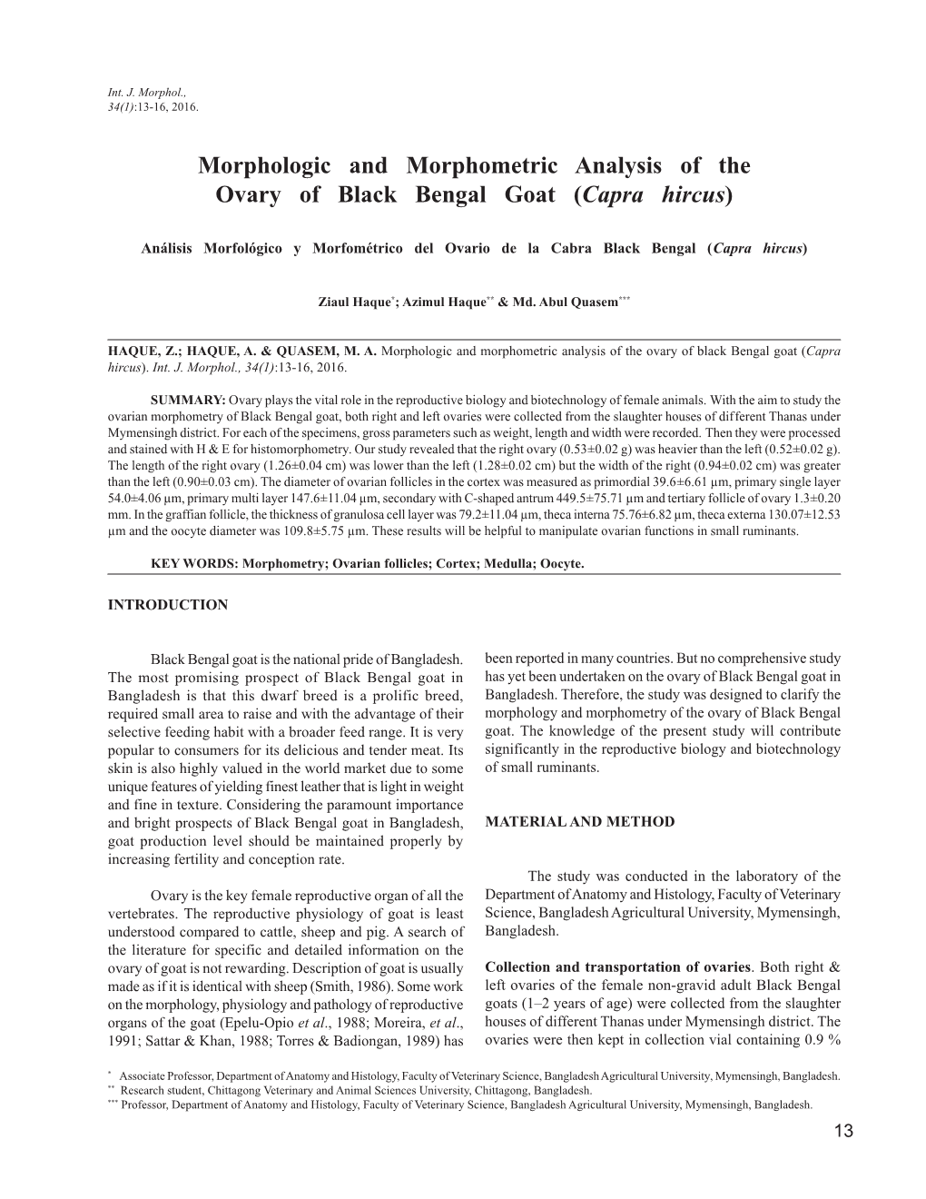 Morphologic and Morphometric Analysis of the Ovary of Black Bengal Goat (Capra Hircus)