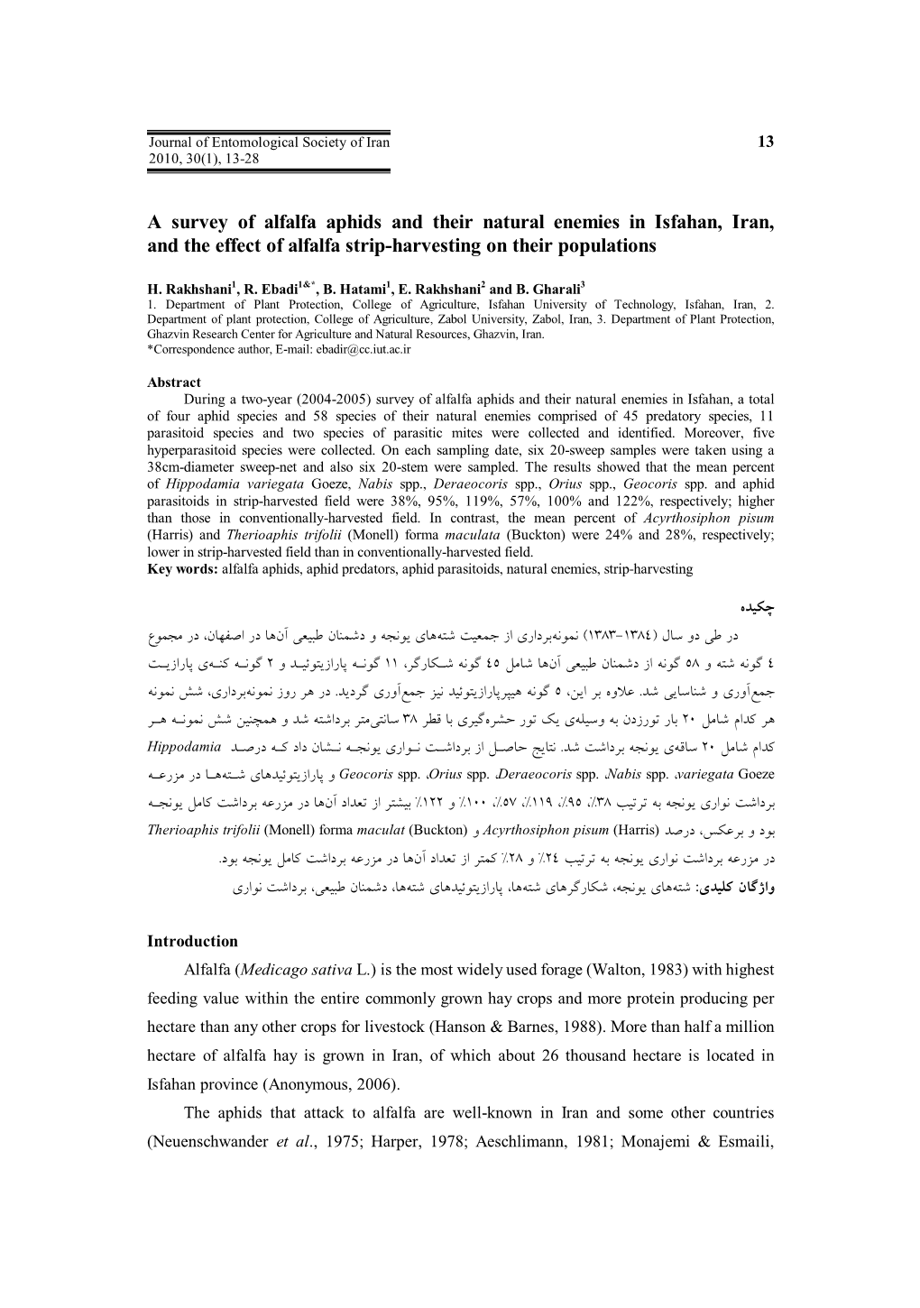 A Survey of Alfalfa Aphids and Their Natural Enemies in Isfahan, Iran, and the Effect of Alfalfa Strip-Harvesting on Their Populations