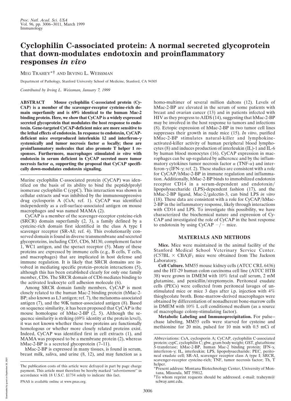 Cyclophilin C-Associated Protein: a Normal Secreted Glycoprotein That Down-Modulates Endotoxin and Proinflammatory Responses in Vivo