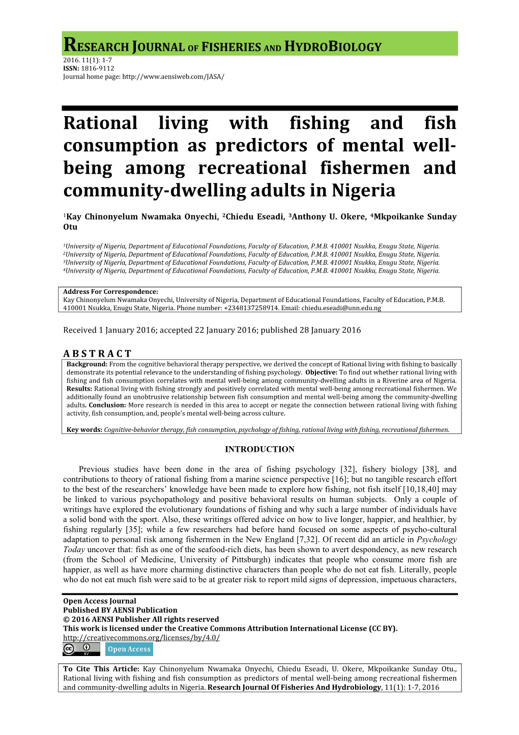 Being Among Recreational Fishermen and Community-Dwelling Adults in Nigeria