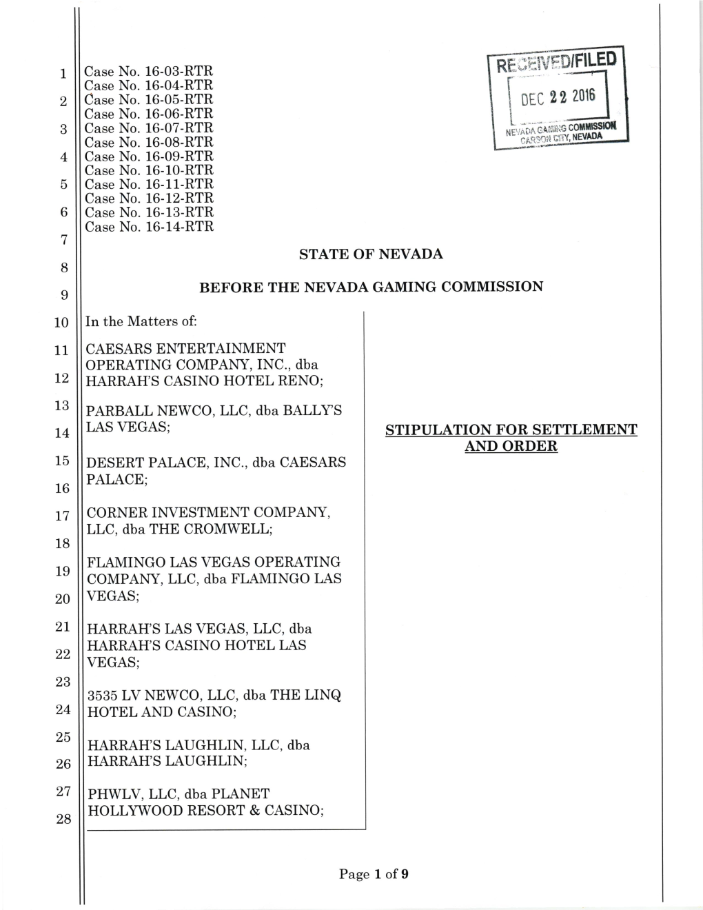 CAESARS ENTERTAINMENT OPERATING COMPANY, INC., Dba T2 HARRAH's CASINO HOTEL RENO;