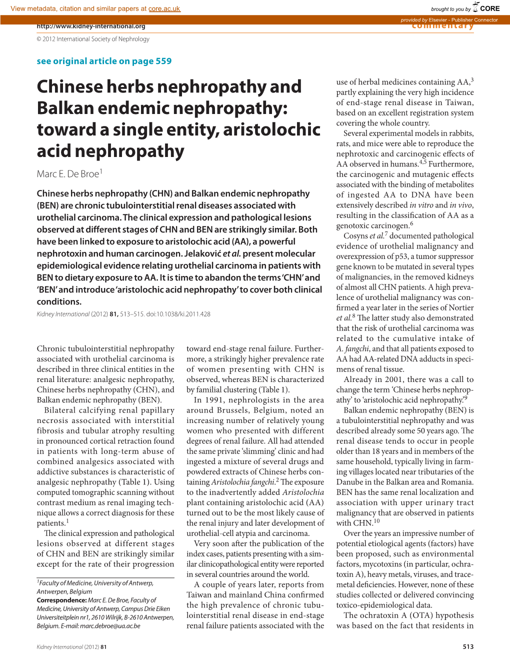 Toward a Single Entity, Aristolochic Acid Nephropathy