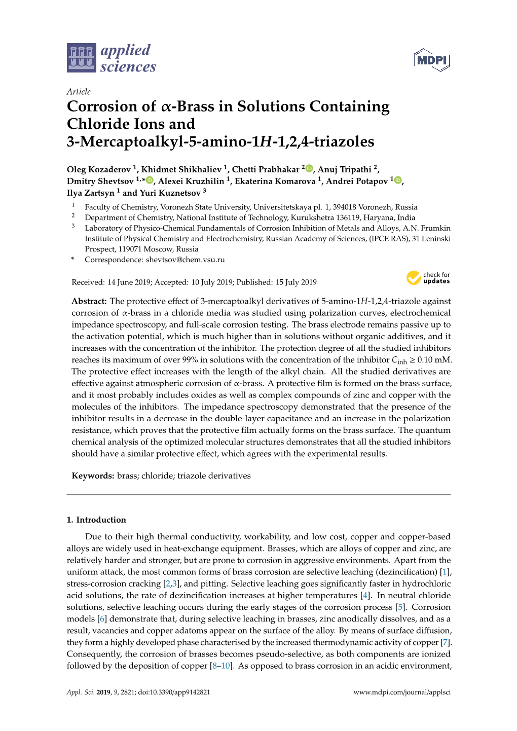 Corrosion of Α-Brass in Solutions Containing Chloride Ions and 3-Mercaptoalkyl-5-Amino-1H-1,2,4-Triazoles