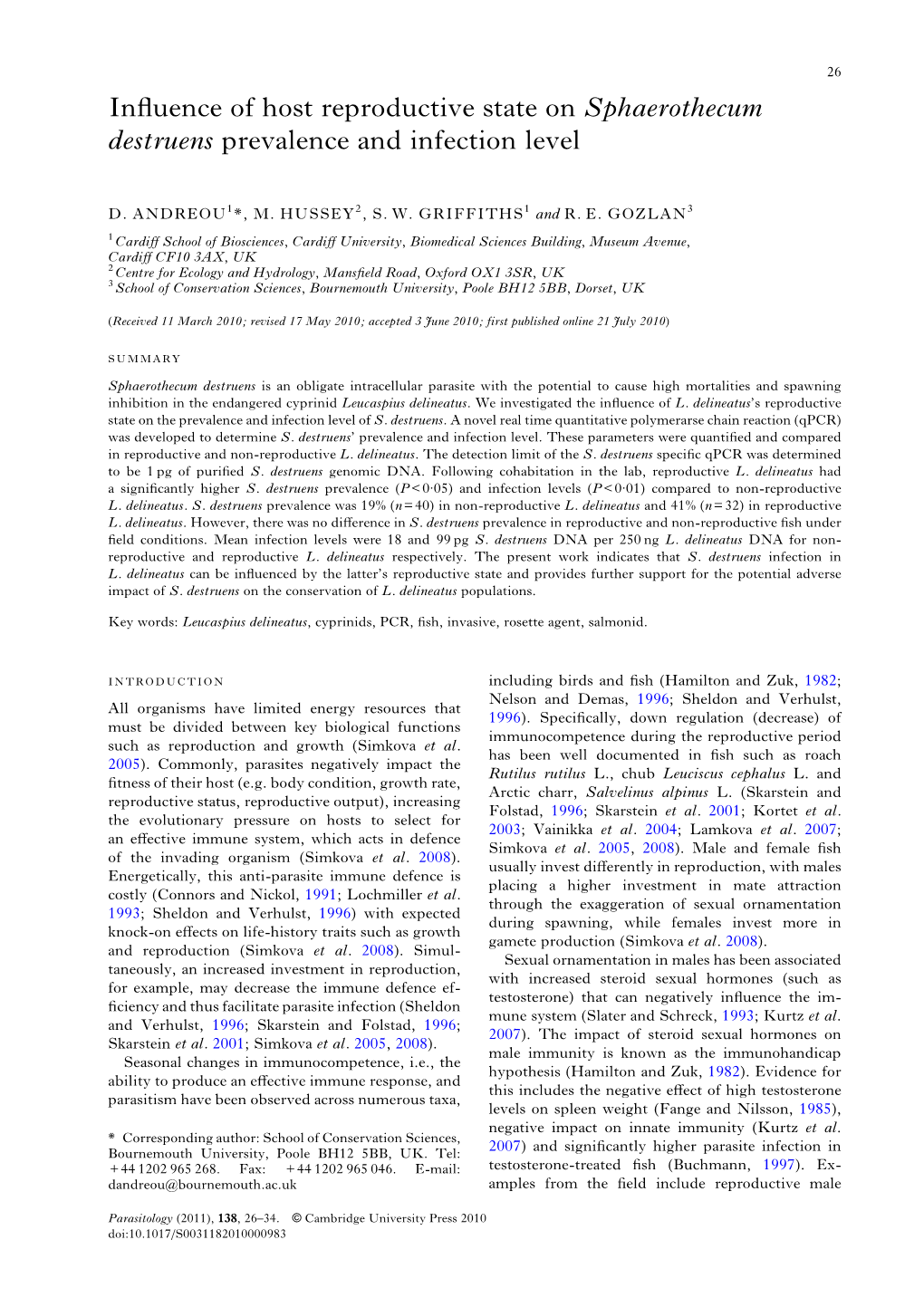 Sphaerothecum Destruens Prevalence and Infection Level