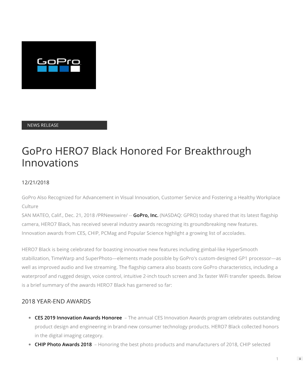 Gopro HERO7 Black Honored for Breakthrough Innovations