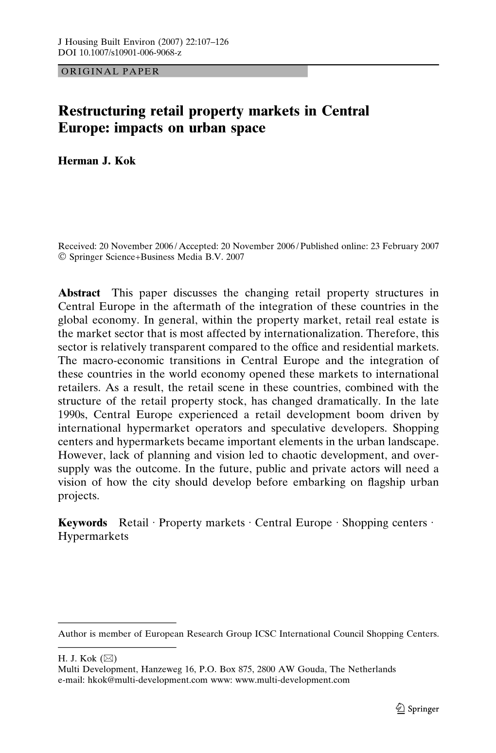 Restructuring Retail Property Markets in Central Europe: Impacts on Urban Space