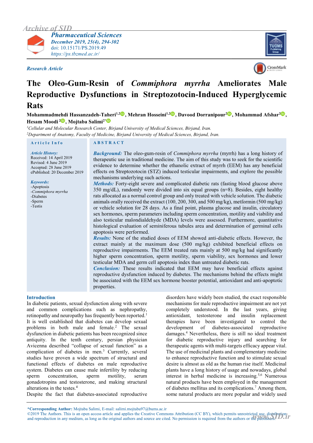 The Oleo-Gum-Resin of Commiphora Myrrha Ameliorates Male Reproductive Dysfunctions in Streptozotocin-Induced Hyperglycemic Rats