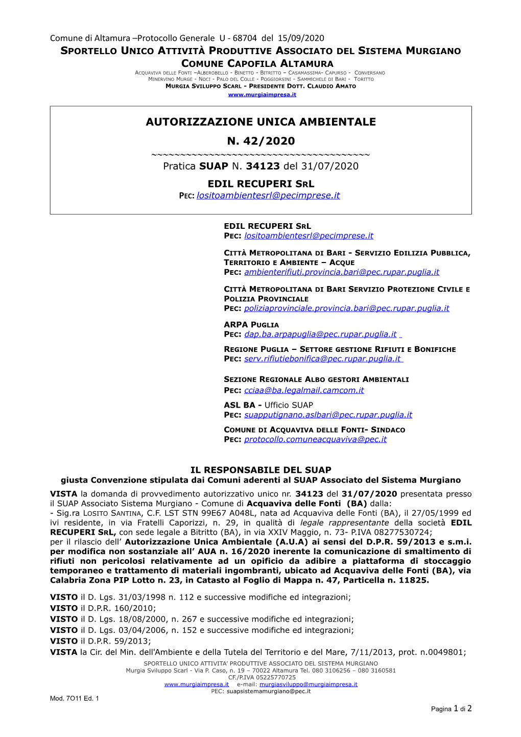 Autorizzazione Unica Ambientale N. 42/2020 ~~~~~~~~~~~~~~~~~~~~~~~~~~~~~~~~~~~~~~