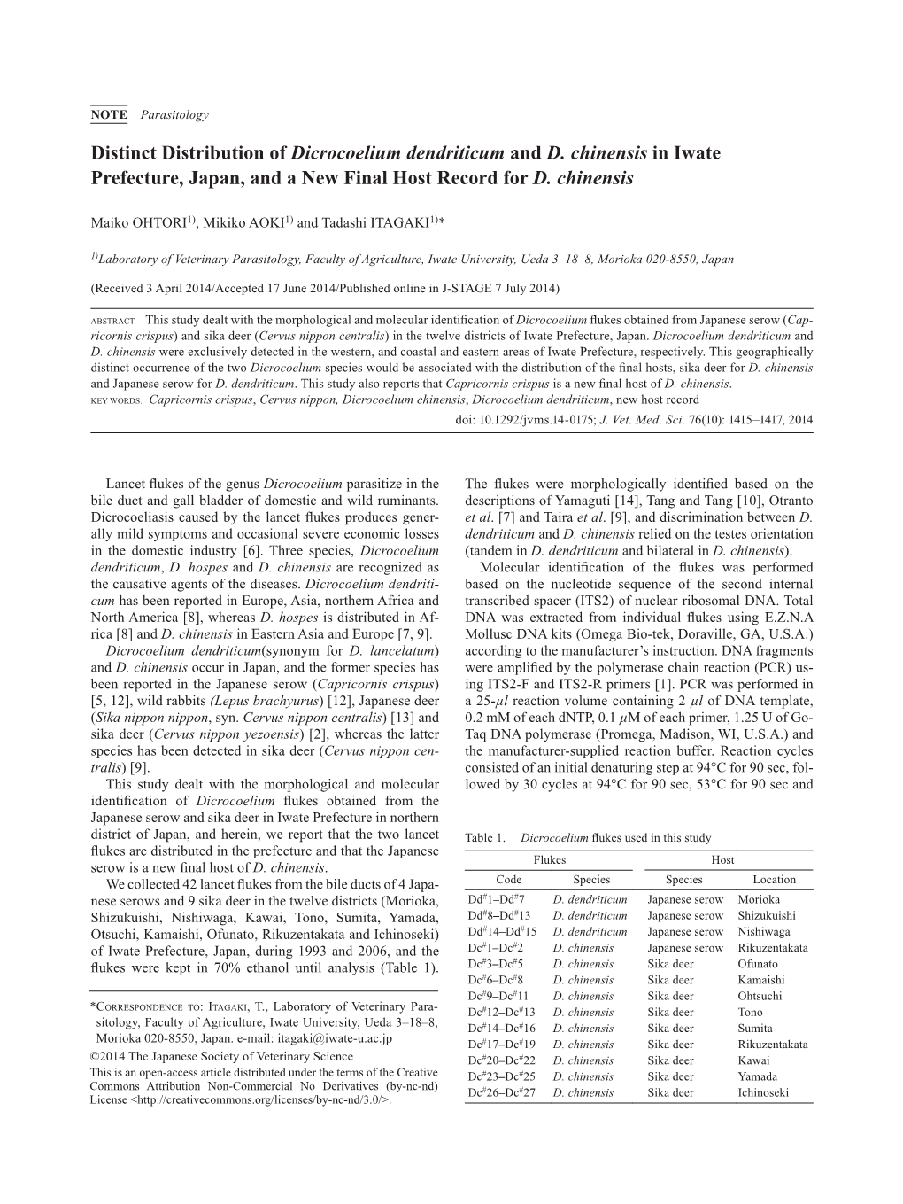 Distinct Distribution of Dicrocoelium Dendriticum and D. Chinensis in Iwate Prefecture, Japan, and a New Final Host Record for D