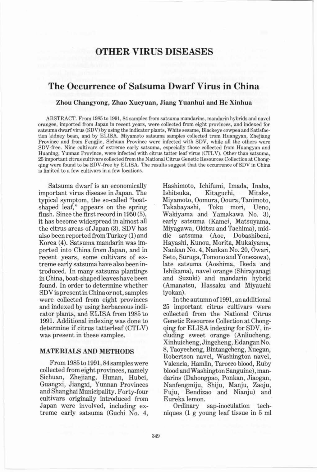 OTHER VIRUS DISEASES the Occurrence of Satsuma Dwarf Virus