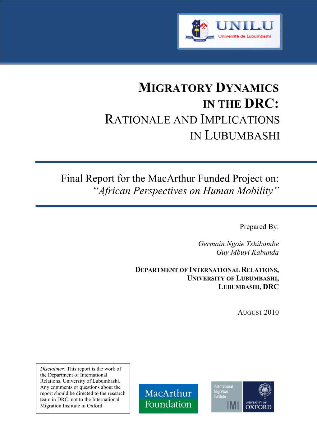 Migratory Dynamics in the Drc: Rationale and Implications in Lubumbashi