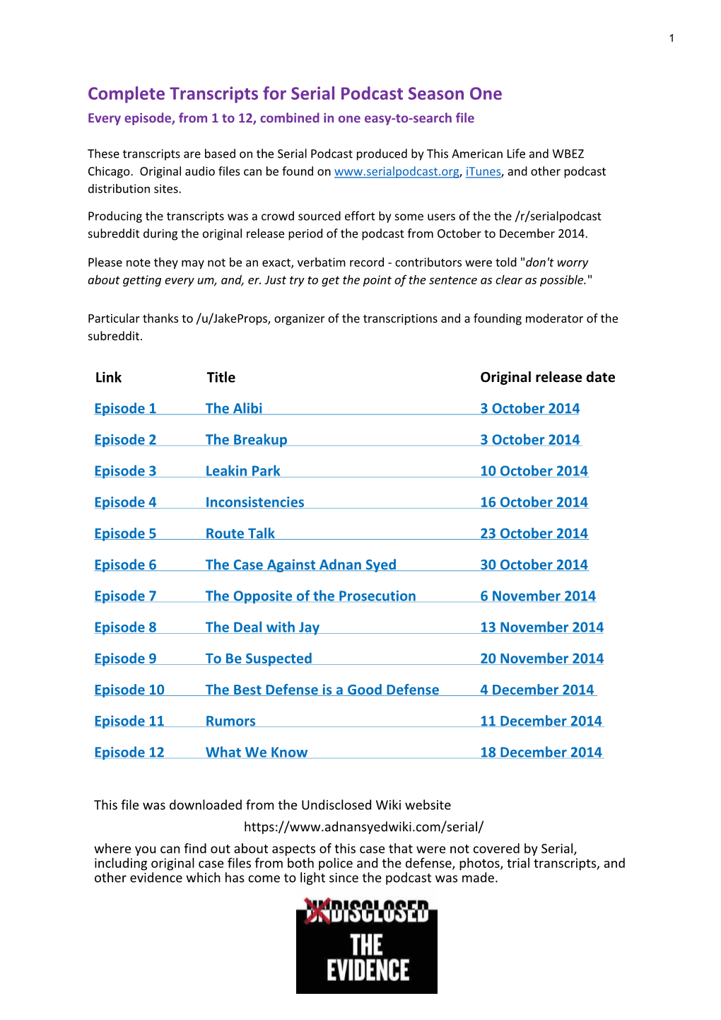 Serial Podcast Season One Every Episode, from 1 to 12, Combined in One Easy-To-Search File