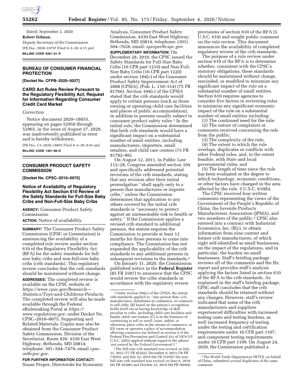 Federal Register/Vol. 85, No. 173/Friday, September 4, 2020