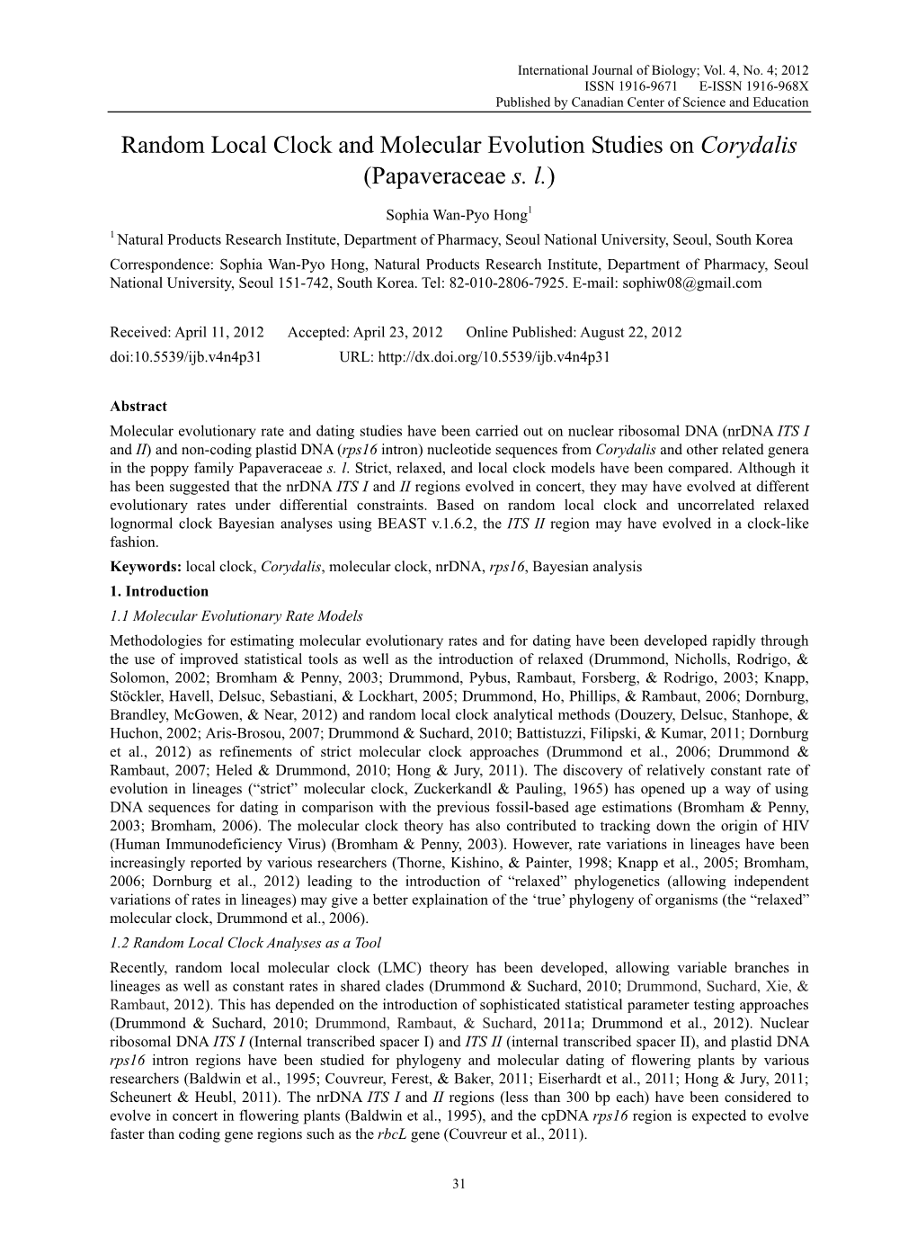 Random Local Clock and Molecular Evolution Studies on Corydalis (Papaveraceae S