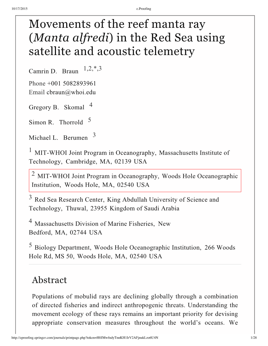 Movements of the Reef Manta Ray (Manta Alfredi) in the Red Sea Using Satellite and Acoustic Telemetry