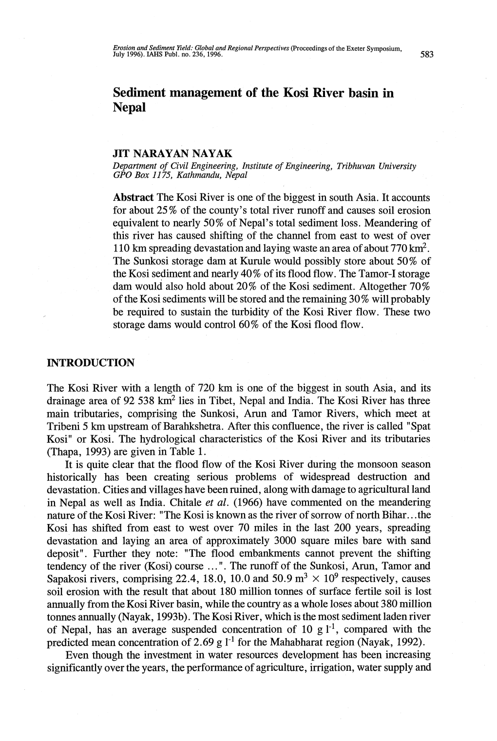 Sediment Management of the Kosi River Basin Nepal