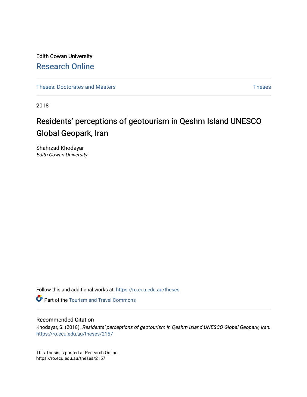 Residents' Perceptions of Geotourism in Qeshm Island UNESCO Global