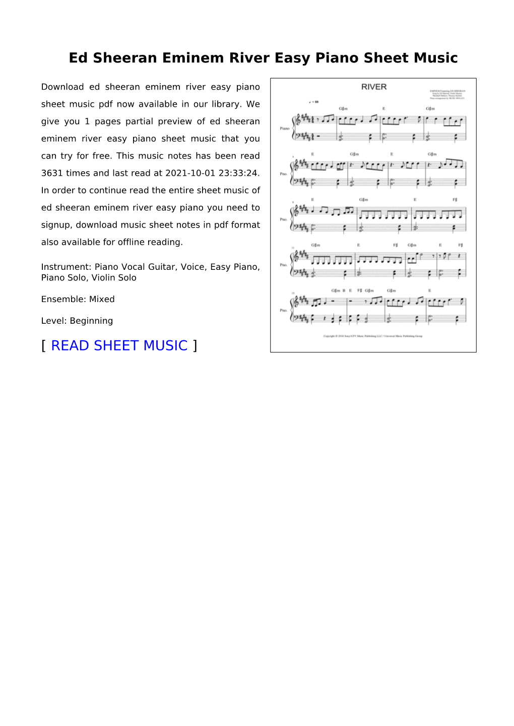 Ed Sheeran Eminem River Easy Piano Sheet Music