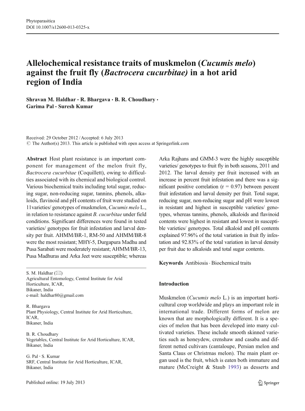 Allelochemical Resistance Traits of Muskmelon (Cucumis Melo) Against the Fruit Fly (Bactrocera Cucurbitae) in a Hot Arid Region of India