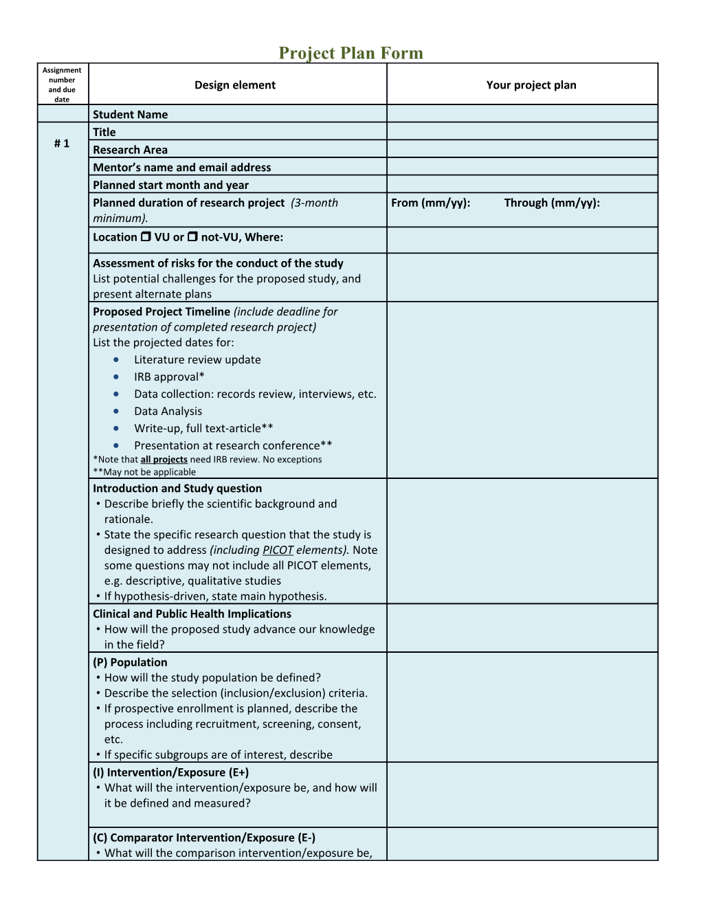 Project Plan Form