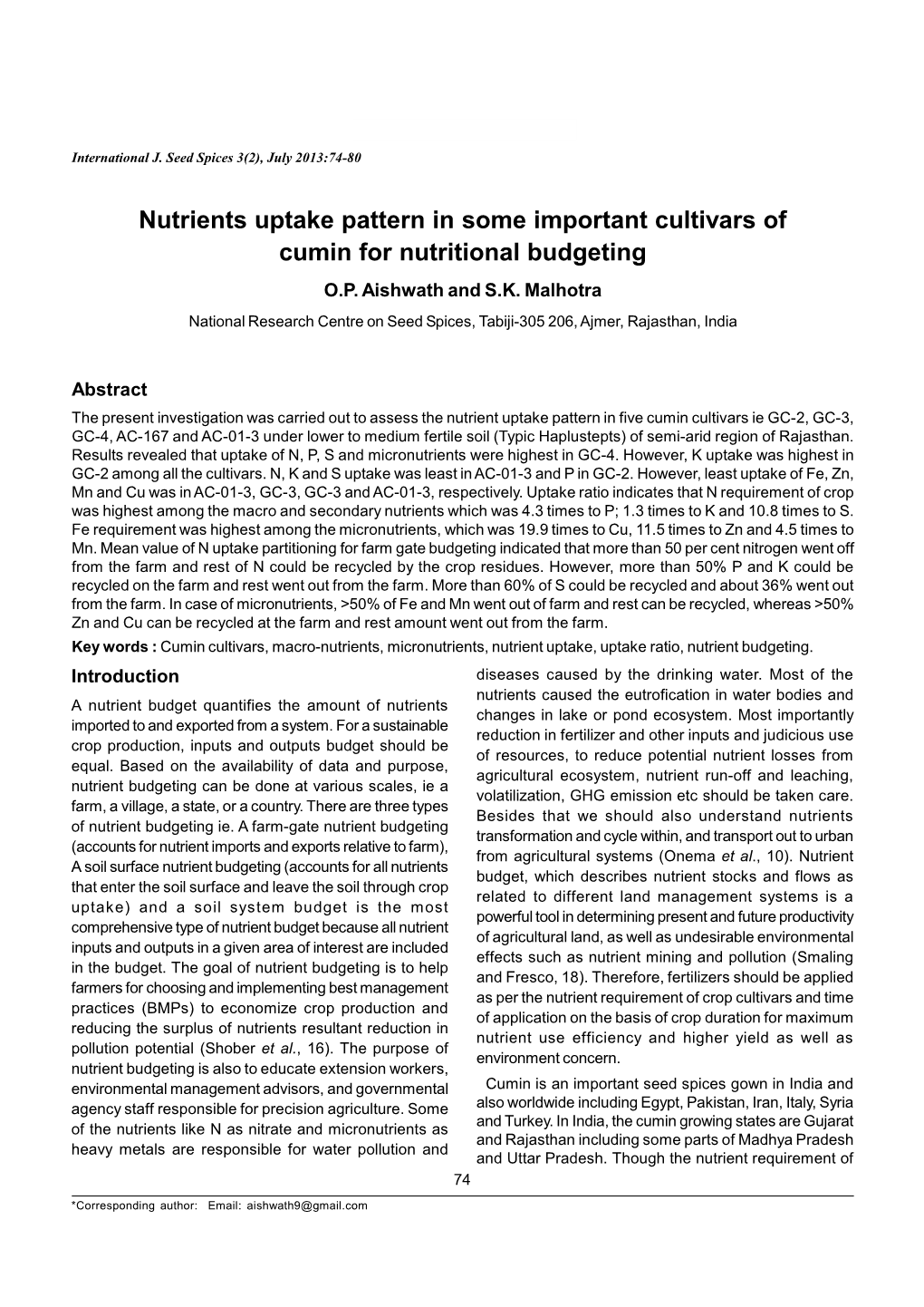 Nutrients Uptake Pattern in Some Important Cultivars of Cumin for Nutritional Budgeting O.P