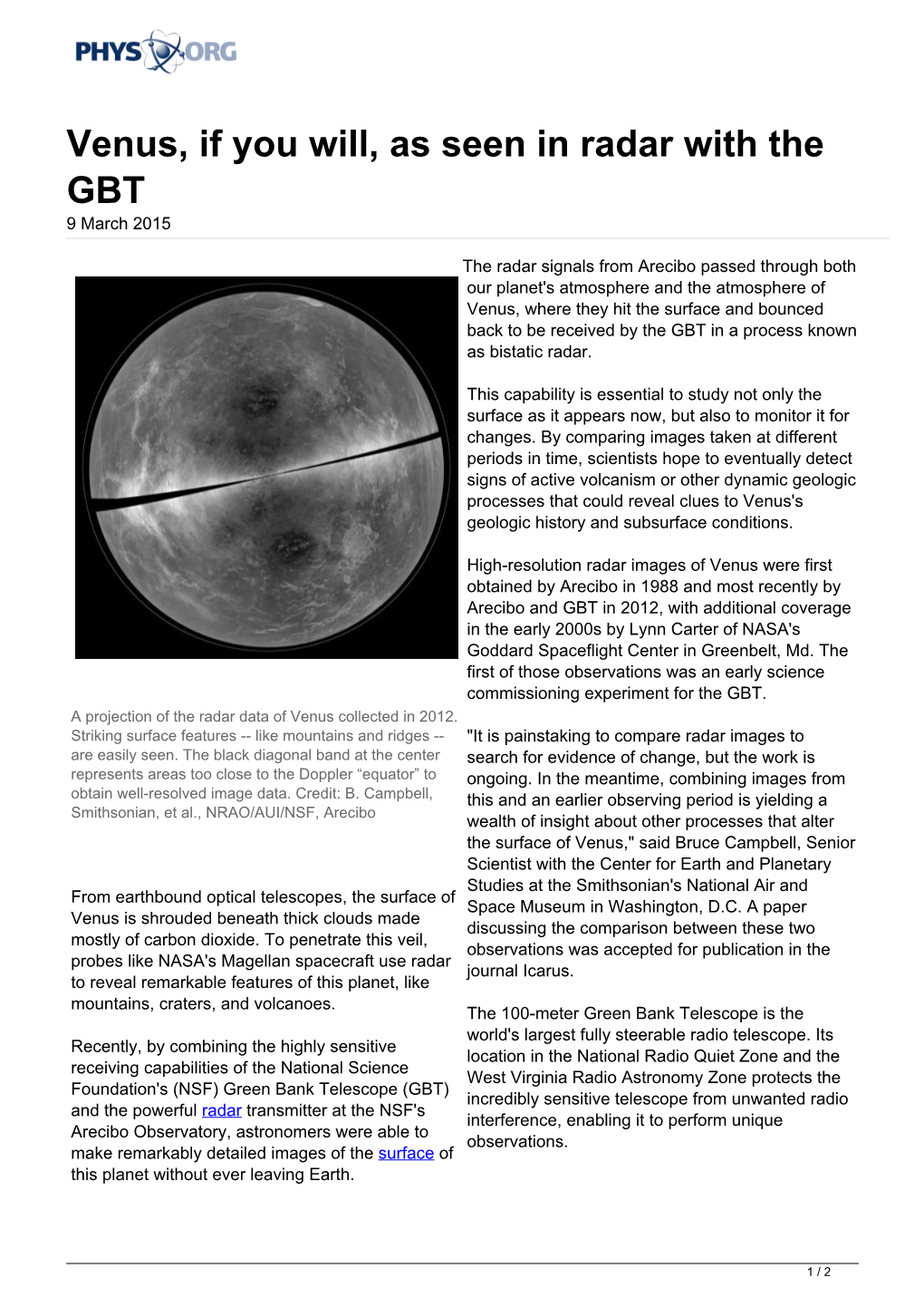 Venus, If You Will, As Seen in Radar with the GBT 9 March 2015