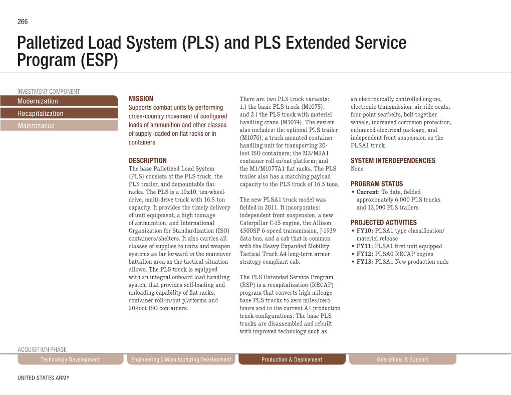 Palletized Load System (PLS) and PLS Extended Service Program (ESP)